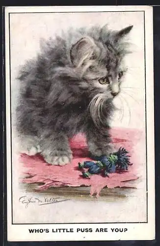 Künstler-AK Who`s little Puss are you?, Katze mit Spielzeug