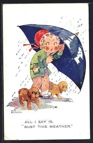 Künstler-AK Agnes Richardson: Mädchen mit Hunden und Regenschirm bei Unwetter