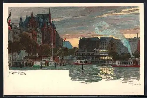 Künstler-AK Heinrich Kley: Hamburg, Ortsansicht mit Dampfer