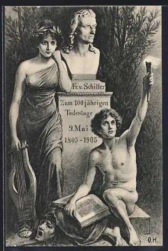 AK Büste Friedrich Schillers mit mythologischen Figuren, 100. Todestag 1905