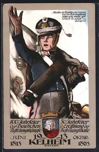 AK Kelheim, Offizielle Jubiläumspostkarte 1913, Befreiungskämpfer, Wappen