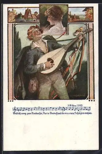 Künstler-AK W. Braun, Deutscher Schulverein Nr. 1238: Musikant spielt auf der Laute