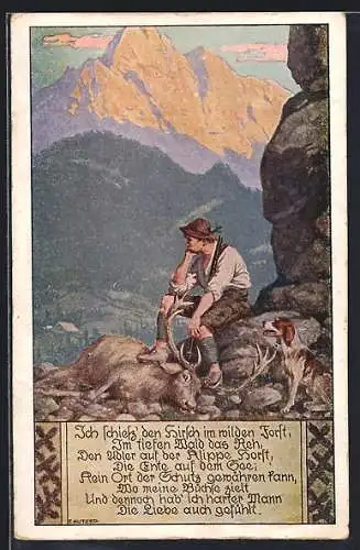 Künstler-AK Ernst Kutzer: Jäger mit Hund sitzt mit Beute auf einem Berg