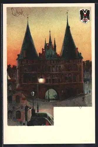 Künstler-AK Heinrich Kley: Lübeck, Ortsansicht, Wappen