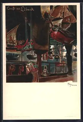 Künstler-Lithographie Heinrich Kley: Lübeck, Schiffsmodelle an der Decke eines Gasthauses