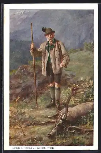 Künstler-AK Kaiser Franz Josef I. von Österreich als Jäger neben dem erlegtem Hirsch