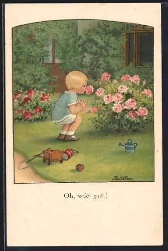 Künstler-AK Pauli Ebner: Oh, wie gut!, Kind und Rosen