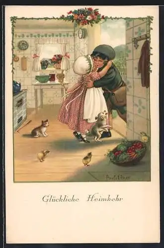 Künstler-AK Pauli Ebner: junges Liebespaar küsst sich in der Küche, Katze, Hund, Küken