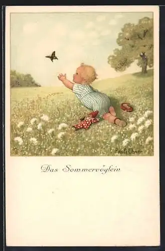 Künstler-AK Pauli Ebner: Le papillon, Kleinkind hascht nach einem Schmetterling