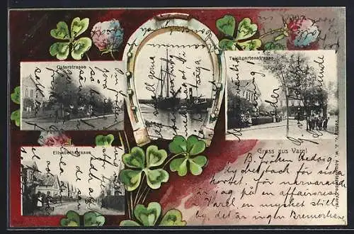 AK Varel / Jadebusen, Osterstrasse, Elisabethstrasse und Teichgartenstrasse im Hufeisen-Passepartout