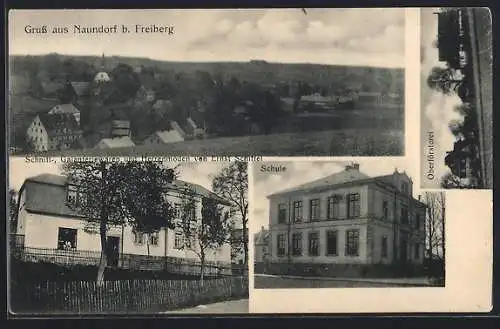 AK Naundorf b. Freiberg, Herrenmodengeschäft von Ernst Schiffel, Oberförsterei, Schule, Teilansicht