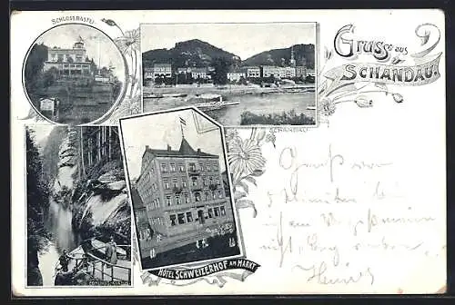 AK Schandau, Hotel Schweizerhof am Markt, Schlossbastei, Edmunds-Klamm
