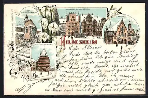 Winter-Lithographie Hildesheim, Templerhaus und Haus Wedekind, Rathaus, 1000 jähriger Rosenstock