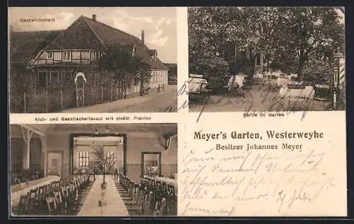 AK Westerweyhe, Gasthaus Meyer`s Garten, Inneres Klub- und Gesellschaftssaal mit elektrischem Piano, Gartenpartie