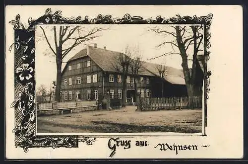 AK Wehnsen, Strassenpartie mit Fachwerkhaus, Blume, Passepartout