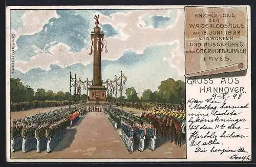Lithographie Hannover, Enthüllung der Waterloosäule 1832, Soldaten mit Gewehren