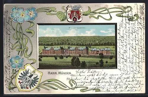 Passepartout-Lithographie Hann. Münden, Pionier-Kasernen, Blumen mit Wappen