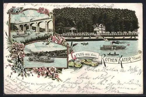 Lithographie Fuldatal, Gasthaus zum Rothen Kater, Brücke bei Kragenhof, Spiekershausen bei Cassel