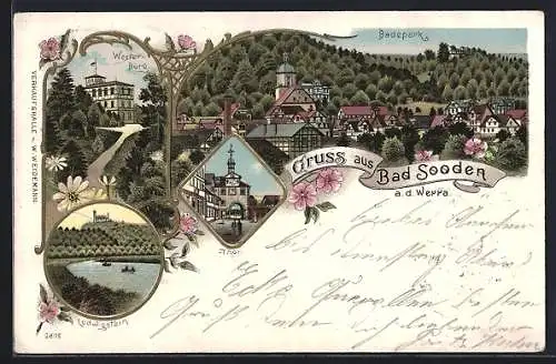 Lithographie Bad Sooden a. d. Werra, Waldgasthaus Westerburg, Badepark, Ludwigstein