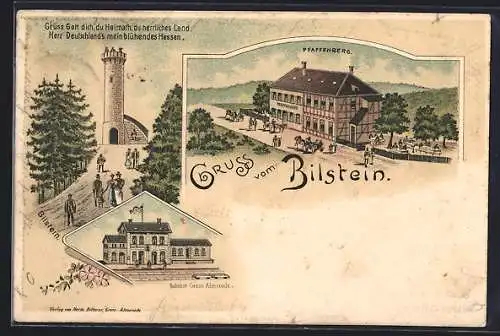Lithographie Bilstein / Grossalmerode, Gasthaus Pfaffenberg, Bahnhof