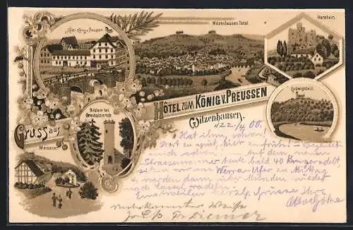 Lithographie Witzenhausen, Hotel zum König von Preussen, Hanstein, Bilstein bei Grossalmerode