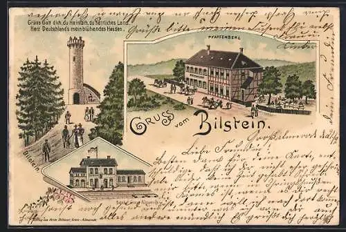 Lithographie Gross Almerode, Gasthaus Pfaffenstein, Bahnhof Gross Almerode, Bilstein