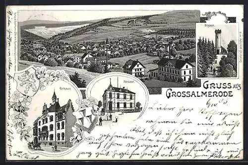 Lithographie Grossalmerode, Blick zum Rathaus, Postamt, Bilstein