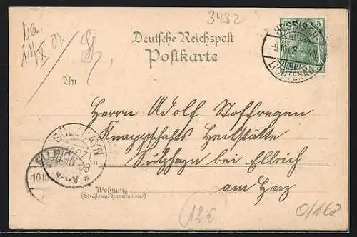 Lithographie Grossalmerode, Blick zum Rathaus, Postamt, Bilstein