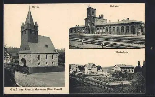 AK Guntershausen /Cassel, Bahnhof, Marienheim und Kirche