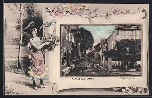 Grusskarten-AK Osten, Frau mit Blumenkorb, Deichstrasse