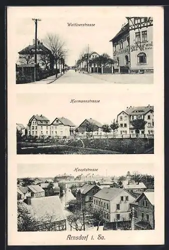 AK Arnsdorf / Sa., Gasthaus in der Wettinerstrasse, Hermannstrasse, Hauptstrasse