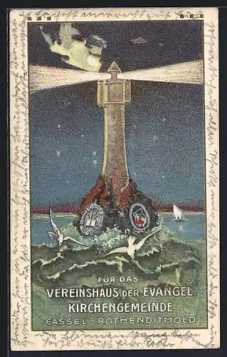 Künstler-AK Cassel-Rothenditmold, Leuchtturm mit Wappen, Evangelische Kirchengemeinde