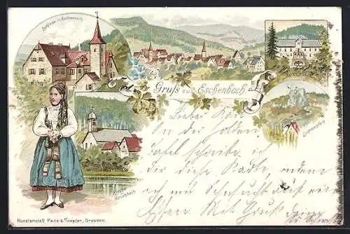Lithographie Eschenbach / Hohenstadt, Ortsansicht, Schloss, Kurhaus, Kirche in Hirschbach, Lichtenstein