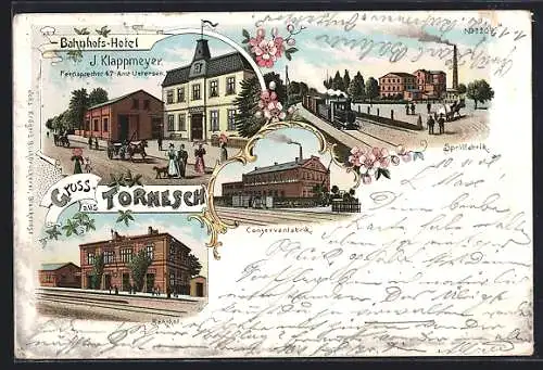 Lithographie Tornesch, Bahnhofs-Hotel J. Klappmeyer, Konservenfabrik, Spritfabrik