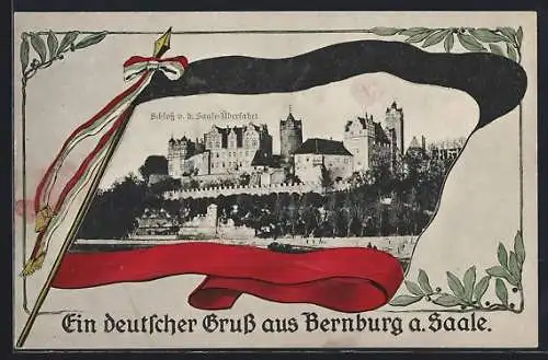 AK Bernburg a. Saale, Fahnen-Weihe des Stahlhelm 1925, Schloss im Reichsfahnen-Passepartout