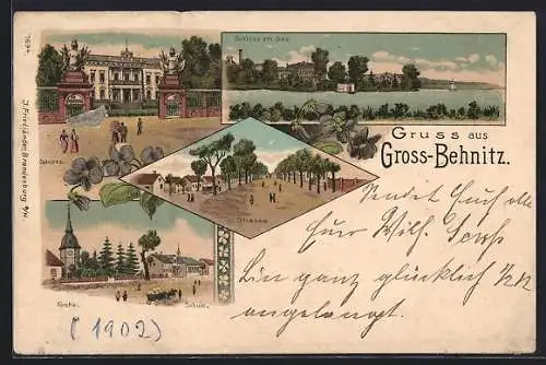 Lithographie Gross-Behnitz, Schloss, Kirche und Schule, Strassenpartie