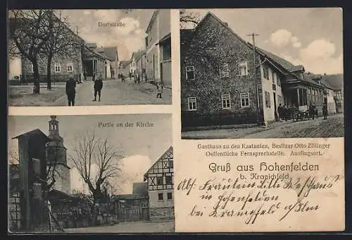 AK Hohenfelden b. Kranichfeld, Gasthaus zu den Kastanien, Bes. Otto Zillinger, Dorfstrasse und Kirche