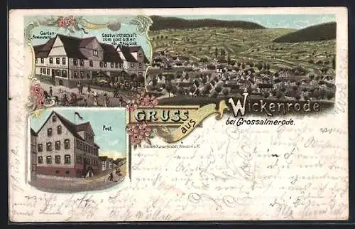 Lithographie Wickenrode bei Grossalmerode, Gasthaus zum goldenen Adler von Aug. Link, Post und Totalansicht