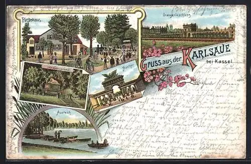 Lithographie Kassel, Orangerieschloss, Hessendenkmal, Aueteich, Gasthaus Försterhaus