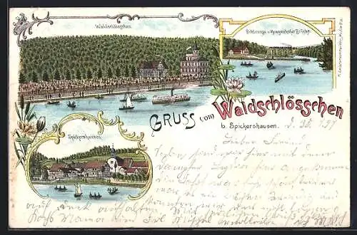Lithographie Spickershausen, Gasthof Waldschlösschen, Schleuse und Kragenhofer Brücke