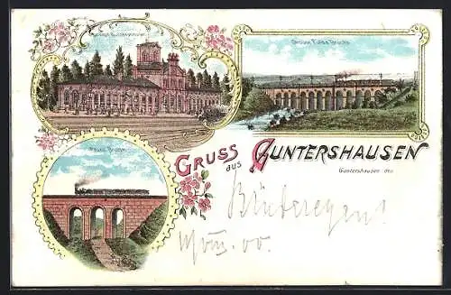 Lithographie Guntershausen, Bahnhof, Grosse Fulda-Brücke, Bauna-Brücke, Eisenbahn
