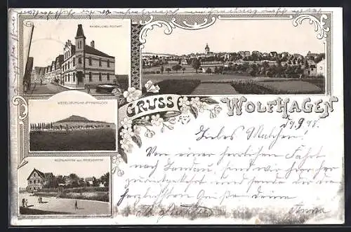 Lithographie Wolfhagen, Restaurant zum Rosengarten, Kaiserliches Postamt, Weidelsburg und Totalansicht