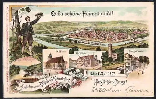 Lithographie Hann. Münden, 1. Mündener Heimatfest 1897, Langestrasse, Rathaus, Weserblick