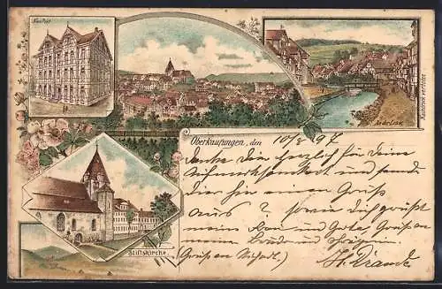 Lithographie Oberkaufungen, Neue Post, Stiftskirche und Partie an der Lose
