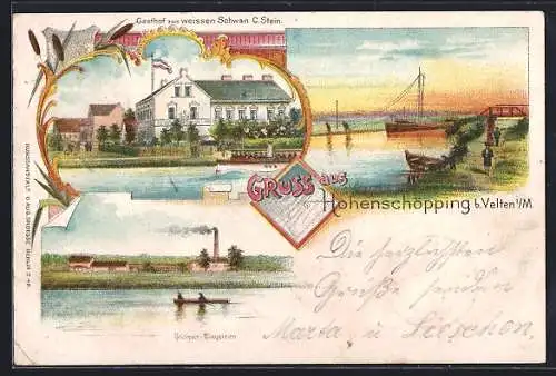 Lithographie Hohenschöpping b. Velten, Gasthof zum weissen Schwan von C. Stein, Ortsansicht, Flusspartie