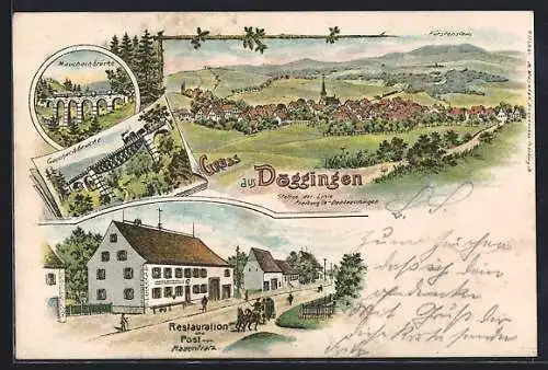 Lithographie Döggingen, Restaurant und Post von Hasenfratz, Gauchachbrücke, Mauhachbrücke, Totalansicht
