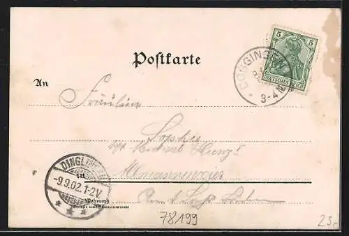 Lithographie Döggingen, Restaurant und Post von Hasenfratz, Gauchachbrücke, Mauhachbrücke, Totalansicht