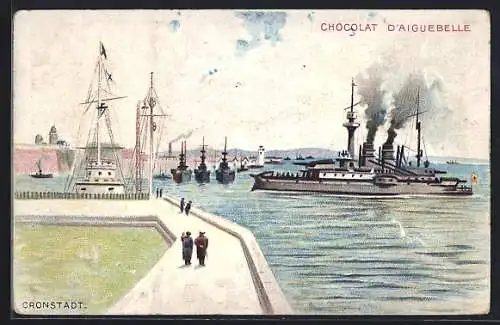 Künstler-AK Kronstadt, Schiffe im Hafen, Reklame für Chocolaat d`Aiguebelle