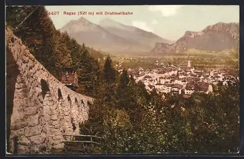 AK Ragaz, Gesamtansicht mit Drahtseilbahn auf dem Viadukt