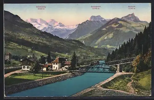 AK Mülenen, Niesenbahn auf der Kanderbrücke vor Gipfelpanorama